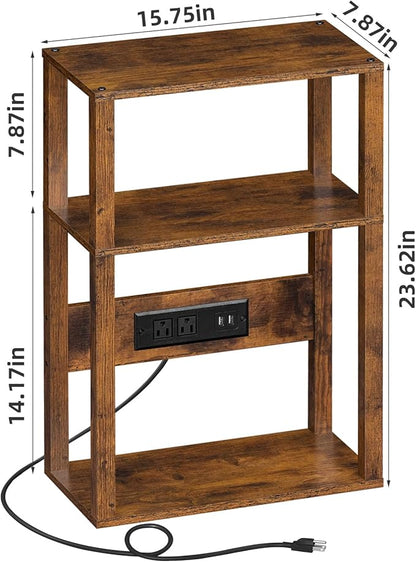 3-Tier Small Narrow Wood Side Table Set of 2 with Charging Station - Skinny Nightstand for Small Spaces, Slim Bedside Table with USB Ports and Outlets - Thin End Table with Storage, Brown