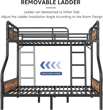 Metal Bunk Bed Twin Over Full, Industrial Bunkbeds Heavy Duty Bed with Safety Guard Rails and Space-Saving Design, Steel Bed for School, Bedroom (Vintage Brown)