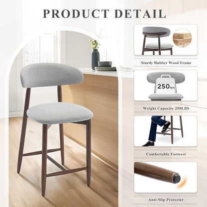 COLAMY Bar Stools Set of 2, Counter Height Bar Stools, Upholstered Counter Stools with Wood Legs for Kitchen Island Dining Room Bar, Light Grey