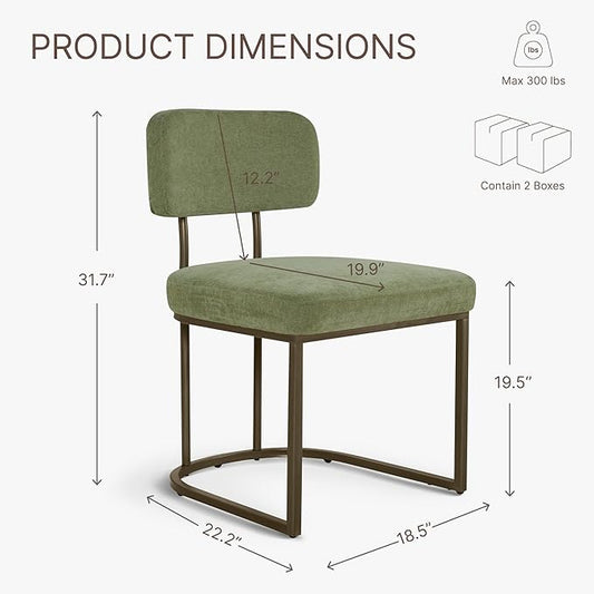 Dining Chairs Set of 4, Upholstered Modern Kitchen Chairs with Ergonomic Backrest, Fabric Cushion Seat & Metal Legs for Living Room, Restaurant, and Café, Green, 2Boxs