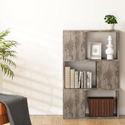 GHC 3 Tier Bookshelf, Wood Decorative Storage Shelving, Modern Freestanding Display Shelves, Tall Book Shelf Unit for Living Room, Bedroom, Office-Gray