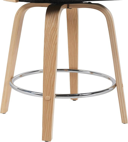 Sonia Modern Swivel Counter Height Bar Stool with Black Upholstered Seat and Patterned Oak Wood Finish Set of 2