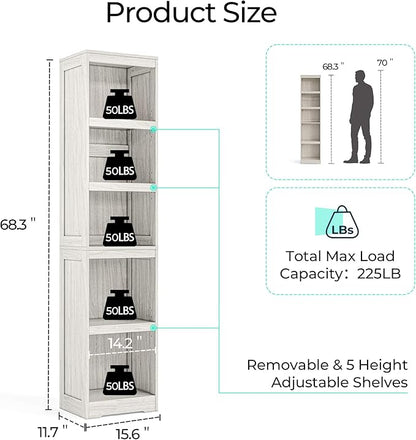LINSY HOME 5-Shelf Bookcase, Narrow Bookshelves Floor Standing Display Storage Shelves 68 in Tall Bookcase Home Decor Furniture for Home Office, Living Room, Bed Room - White Oak