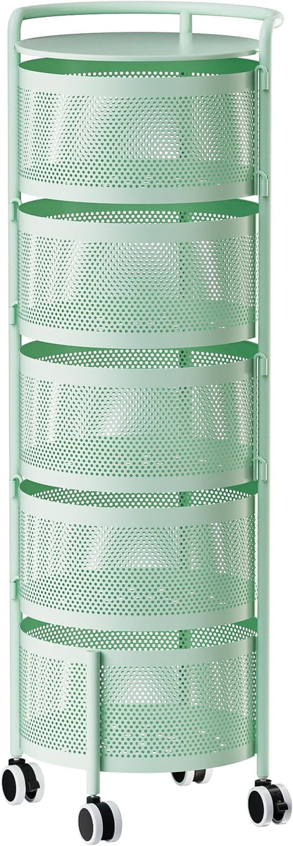 JAQ Rotating Fruit Basket, 5-Tier Metal Sturdy Kitchen Storage Rack Shelf Carts No Assembly on Rolling Wheels for Fruit Vegetable Grocery Corns Potato Onion (5-Tier, Green)