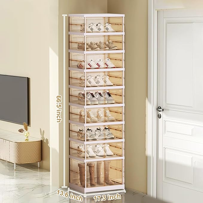 ELPHECO 9 Tier 18 Pairs Plastic Shoe Rack - Clear Foldable Shoe Organizer, Folding Entryway Shoe Cabinet, Collapsible Sneaker with Magnetic Doors, Stackable Shoe Shelf,Three-Sided Clear Shoe Box