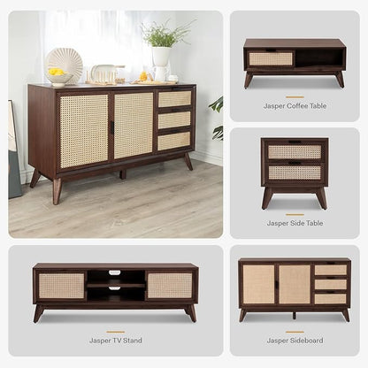 Bme Jasper Sideboard with 3 Drawers & 2 Rattan Doors, Buffet Cabinet with Storage for Dining Room, Living Room, Adjustable Shelves, Walnut