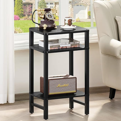 28in Tall Side Table 3-Tier Small Narrow End Table for Couch, Skinny Nightstand for Small Space, Farmhouse Slim Night Stand with Storage, Wooden Frame Thin Bedside Table, for Living Room, Black