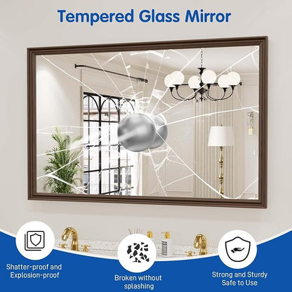 WEER Retro Copper Bathroom Mirror, 48x30 Inch Bronze Oil Rubbed Framed Mirror, Rectangle Classic Vintage Framed Wall Mirror, Farmhouse Vanity Mirror, Tempered Glass, Vertically or Horizontally