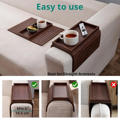 DETOR Couch Arm Tray, TV Tray with Capacious 12.4" x 5.4" Storage Box, Bamboo Grain Stained Brown Color, Enhanced Nonslip Felt Bottom, Sturdy Bamboo Slats Material | for Armrests 6" and Wider