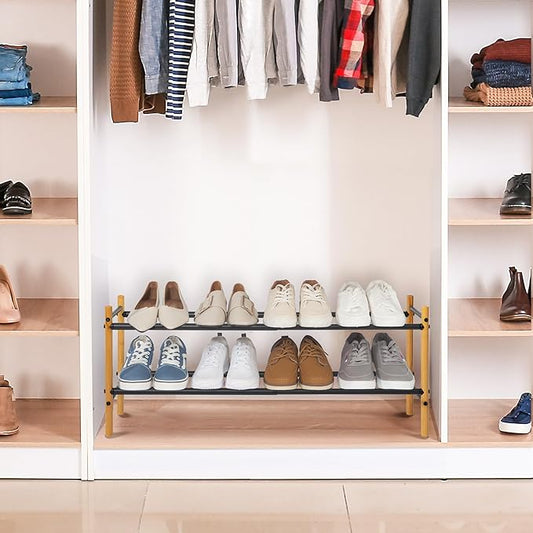 STORAGE MANIAC Expandable Shoe Rack, 8 Pairs Stackable Small Shoe Rack, Metal Adjustable Shoes Organizer for Closet, Entryway, Hallway, Garage, Front Door, Shoes Shelves, Bamboo 2 Tier