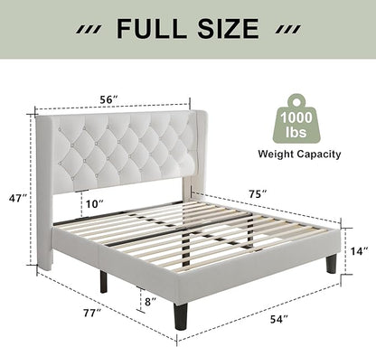 Feonase Full Size Bed Frame with Upholstered Wingback Headboard, Platform Bed and Heavy Duty Wooden Slats Support, Easy Assembly, Noise-Free, No Box Spring Needed, White