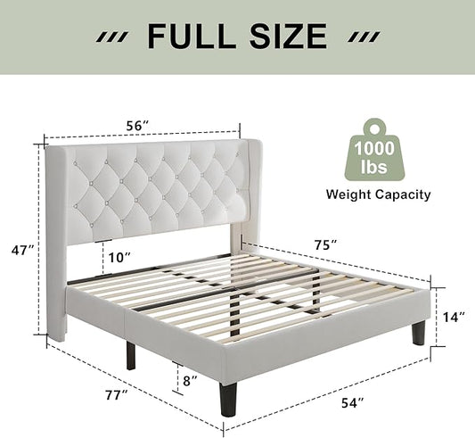 Feonase Full Size Bed Frame with Upholstered Wingback Headboard, Platform Bed and Heavy Duty Wooden Slats Support, Easy Assembly, Noise-Free, No Box Spring Needed, White