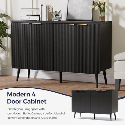 47.2" Buffet Cabinet with 4 Doors, Accent Sideboard Cabinet with Adjustable Shelf, Dining Room Sideboard with Waveform Panel, Credenzas for Living Room, Hallway, Black