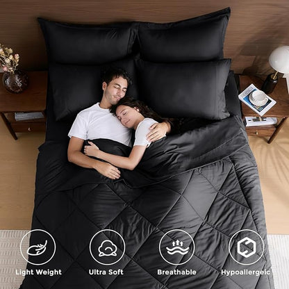HEVUMYI Black Queen Comforter Set - 7-Piece All Season Bed in a Bag Queen, Ultra Soft Bedding Set with Comforter, Flat Sheet, Fitted Sheet, Pillowcases, Pillow Shams, Black