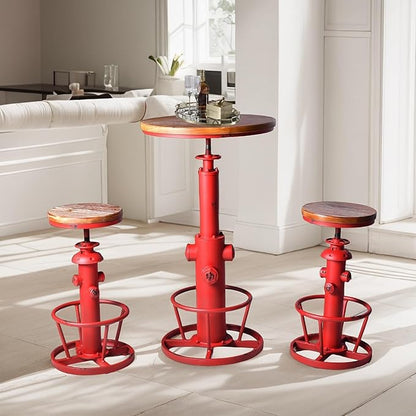 Vintage 38.6-44.4inch Height Adjustable Bar Table Industrial Fire Hydrant Design Pub Tables Farmhouse Cafe Cocktail Desk Rustic Bistro Table Swivel Wooden Top
