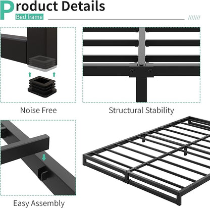 4 Inch Full Size Bed Frame No Box Spring Needed, Heavy Duty Metal Platform Beds with Sturdy Steal Slats for Mattress Foundation, Easy Assembly, Noise Free, Black