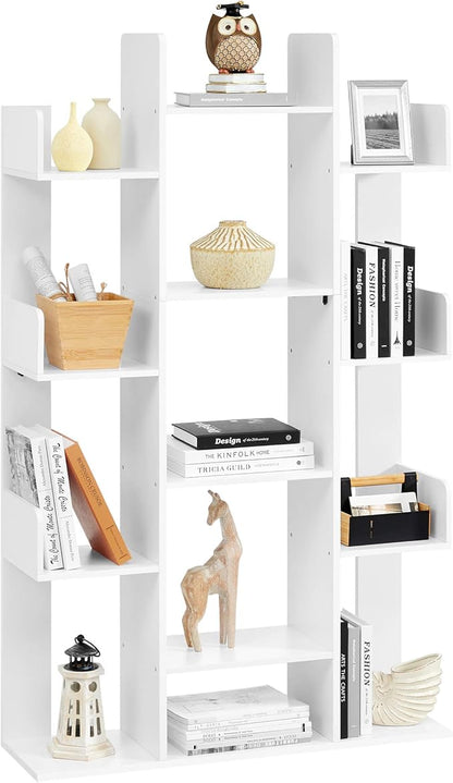 VASAGLE Bookshelf, Tree-Shaped Bookcase with 13 Storage Shelves, Rounded Corners, 9.8”D x 33.9”W x 55.1”H, White ULBC067W01