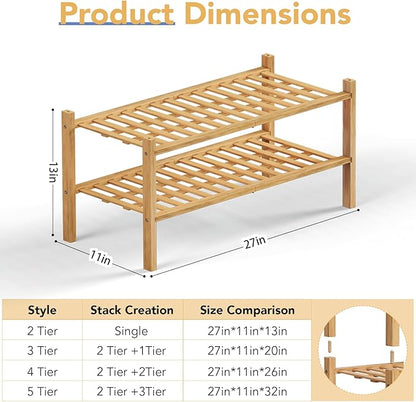 Haddockway 2 Tier Bamboo Shoe Rack Storage Organizer, Multifunctional Free Standing Stackable Shoe Shelf with Grid Panel for Closet,Hallway,Entryway,Small Space 27"x11"x13" (Natural, 2 Tier)