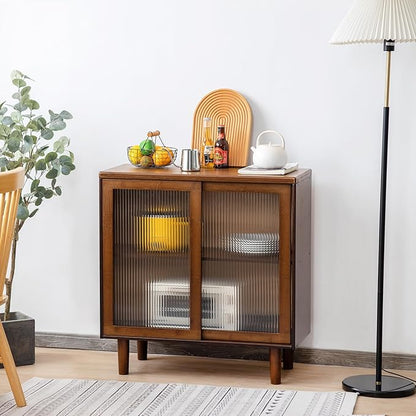 Tiita Bamboo Sideboard Buffet Cabinet, Rattan Kitchen Storage Cabinet, Boho Coffee Bar Tables for Kitchen Living Room Hallway Office, Walnut
