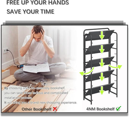 4NM No Assembly Folding Bookshelf 5 Tiers Vintage Industrial Black Book Shelf Metal Foldable Storage Bookcase and Bookshelves for Living Room,Bedroom and Kitchen - Black