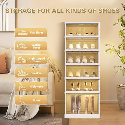 ELPHECO 6 Tier 12 Pairs Foldable Shoe Rack Shoe Organizer with Magnetic Doors, Entryway Folding Shoe Shelf, Easy Assembly Sneaker Cabinet, Plastic Shoe Storage Container Bins