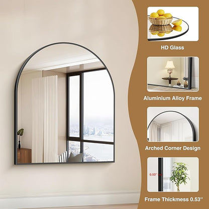 Black Arch Mirror, 30’’x36’’ Black Mirror for Bathroom, Wide Arched Bathroom Mirror with Metal Wall Mounted Mirror for Bedroom Living Room Entryway Modern