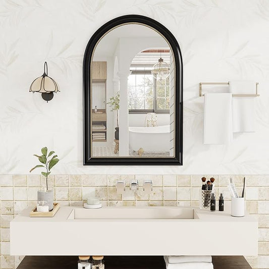 Axeman 22x30 Arched Wall Mirror, Decorative Bathroom Mirror, Traditional Vintage Wall Mounted Mirror with Beaded Frame for Accent Living Room Vanity Bedroom Entryway, Black