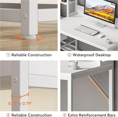 Tribesigns 55 Inch Computer Desk with 2 Drawers and Storage Shelves, Rustic Office Desk with Hutch, Study Writing Gaming Table Laptop Workstation for Home Office (White)