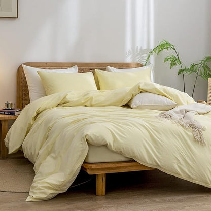 BESTOUCH Duvet Cover Set 100% Washed Cotton Linen Feel Super Soft Comfortable Chic Lightweight 3 PCs Home Bedding Set Solid Light Yellow Full/Double