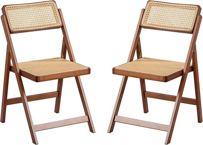 Rattan Folding Chairs, Modern Mid Century Dining Chairs Set of 2, Outdoor Bamboo Chairs for Bedroom Living Room Reading Room Dining Kitchen, Walnut
