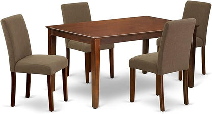 East West Furniture CAAB5-MAH-18 5 Piece Modern Dining Table Set Includes a Rectangle Wooden Table and 4 Coffee Linen Fabric Upholstered Parson Chairs, 36x60 Inch, Mahogany