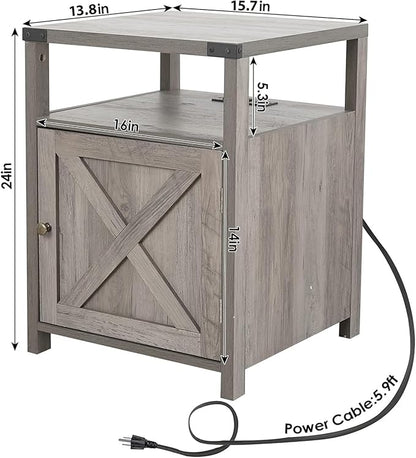 Farmhouse Nightstand with Charging Station, Rustic End Table Bedroom with Storage Living Room Side Table Grey Night Stand Industrial Bedside Bed Table with USB Ports and Outlets
