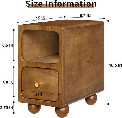 Small Narrow Nightstand with Drawers, Solid Wood Nightstand, Walnut Night Stand, Mid Century Side Table, Modern Bedside Tables for Bedroom (10 inch)