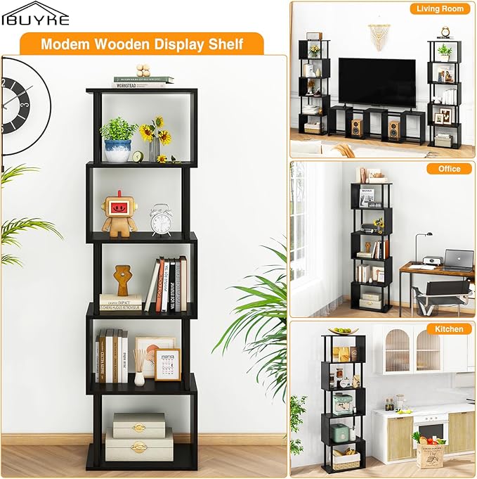 IBUYKE 6-Tier Tall Bookshelf,S-Shaped Geometric Bookcase, Wood Display Shelves with Storage,Modern Bookshelf for Living Room Bedroom, Home Office, Black WBC016B