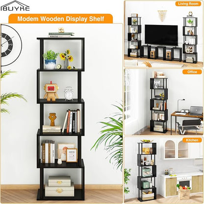 IBUYKE 6-Tier Tall Bookshelf,S-Shaped Geometric Bookcase, Wood Display Shelves with Storage,Modern Bookshelf for Living Room Bedroom, Home Office, Black WBC016B