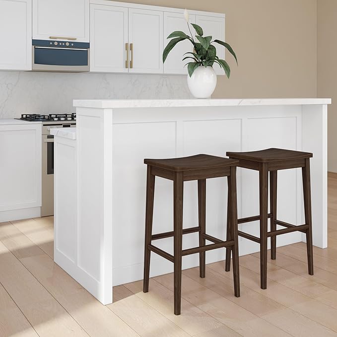 Plank+Beam Smythe Bar Stool, 30", Set of 4, Sturdy Wood Modern Kitchen Bar Height Stool, Saddle Seat Backless Bar Chair, Metal Footrest, Walnut