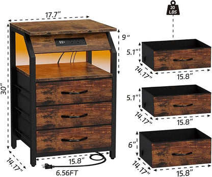 End Tables Set of 2, Nightstands with Charging Station and LED Lights, 3 Drawers Fabric Dresser, Storage Side Tables for Bedside, Living Room, Rustic Brown