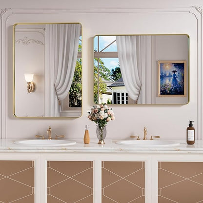 Gold Bathroom Mirror, 48x32 Inch Brushed Gold Metal Frame Mirror for Wall, Rounded Rectangle Bathroom Vanity Mirror, Tempered Glass, Anti-Rust, Horizontal/Vertical