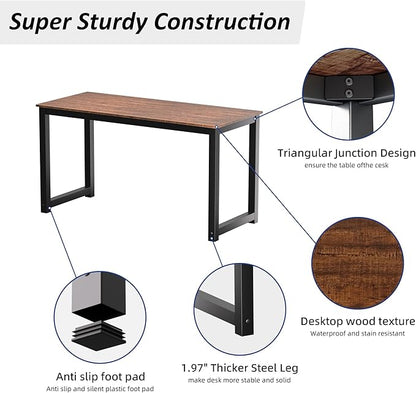 Decoholic 55 Inch Computer Desk, Home & Office PC Laptop Study Writing Table Workstation with Leg Bars, Modern Simple Industrial Style, Rustic Brown