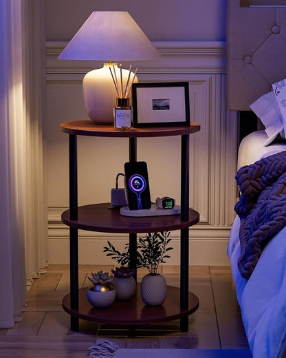 Small Round End Table - 3 Tier Design Accent Table, Narrow Side or Bedside Stand, Industrial Vintage Table for Small Spaces, Built-in USB Ports and Power Outlet, Rustic Walnut