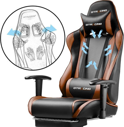 GTRACING Gaming Chair with Footrest, Ergonomic Computer Game Desk Chair, Reclining Gaming Chair Seat Height Adjustment, Swivel Rocker with Headrest and Lumbar (Brown)