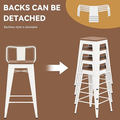 Yongchuang 30 inch Bar Stools Set of 2 Kitchen Bar Height Chairs with Wood Seat Industrial Low Back Metal Barstools Cream White