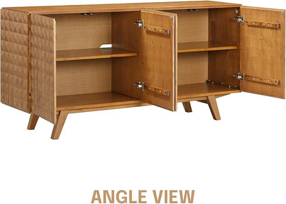 NTC Sapa Mid-Century Modern Solid Wood Sideboard – 4-Door Accent Buffet Cabinet with Carved Geometric Fronts, for Living Room, Dining Room, or Entryway, Effortless Assembly, Teak Look
