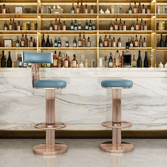 FUNROLUX Swivel Bar Stools with Backrest, Modern Adjustable Height Counter Stool with Stainless Steel Legs and Comfortable Cushion, Rose Bar Chairs for Kitchen Island Counter (Blue)
