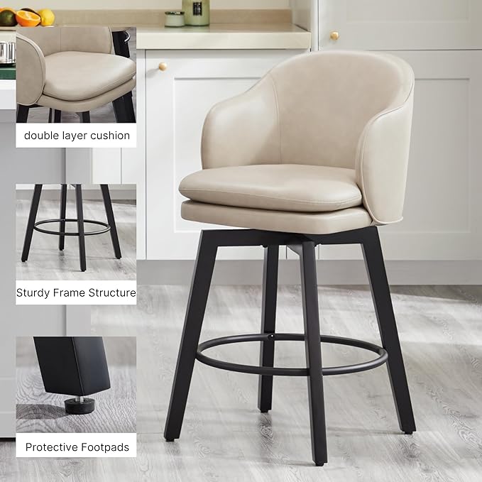 Counter Height Barstools 26 inch Upholstered Swivel Bar Stools with Back and Wood Legs for Kitchen Island,Set of 2,Beige PU Leather