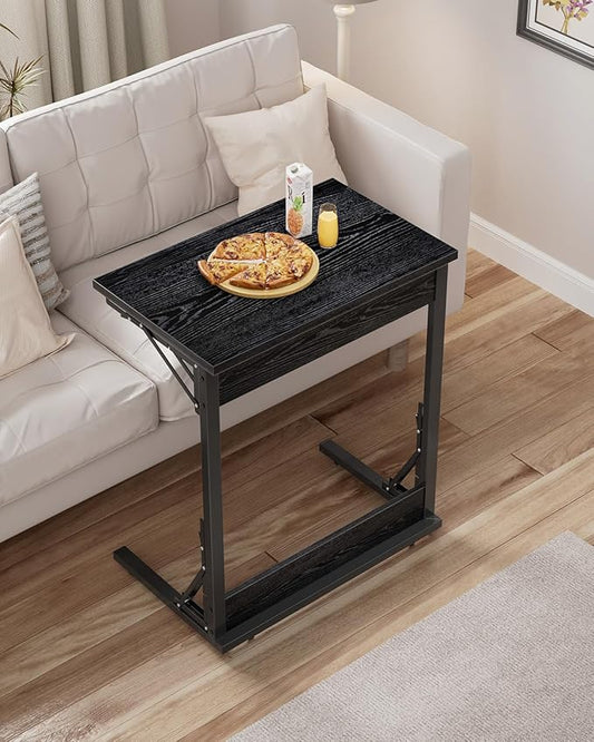 Tatub Folding TV Tray Table Set of 2, 24" Wide C-Shaped End Table for Couches, Small Sofa-Side Laptop Desk with Metal Frame for Living Room, Bedroom, Dark Black