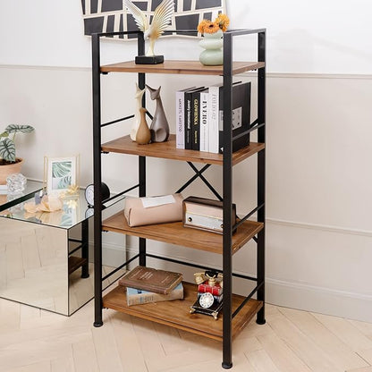 Crofy Rustic Bookshelf, 4 Tier Real Wood Bookshelf, Metal Book Shelf for Storage, Black Bookcase, 12.6" D x 23.62" W x 50.39" H