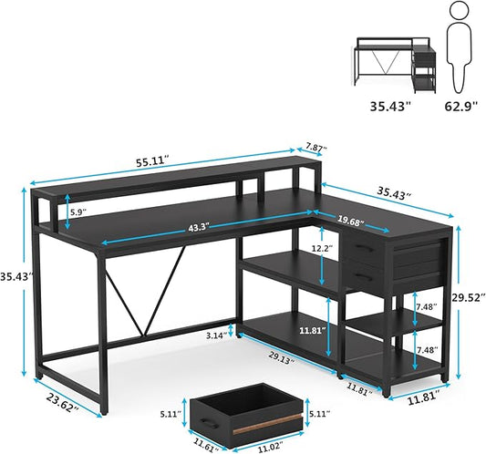 Tribesigns L Shaped Desk with Drawer and Monitor Stand, BlackCorner Desk Home Office Table with Storage Shelves, Black PC Desk for Small Space