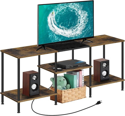 BTY Rustic TV Stand with Storage, 50 inch TV Console Table with Charging Station 3 Tier Small Entertainment Center for Bedroom, Living Room, Brown