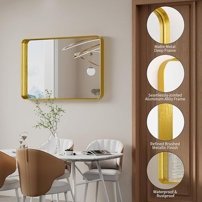 Koonmi Gold Wall Mirror for Bathroom, 24x36 Inch Matte Deep Framed Rounded Rectangle Vanity Mirror for Farmhouse Living Room, Tempered Glass, Anti-Rust, Vertically or Horizontally